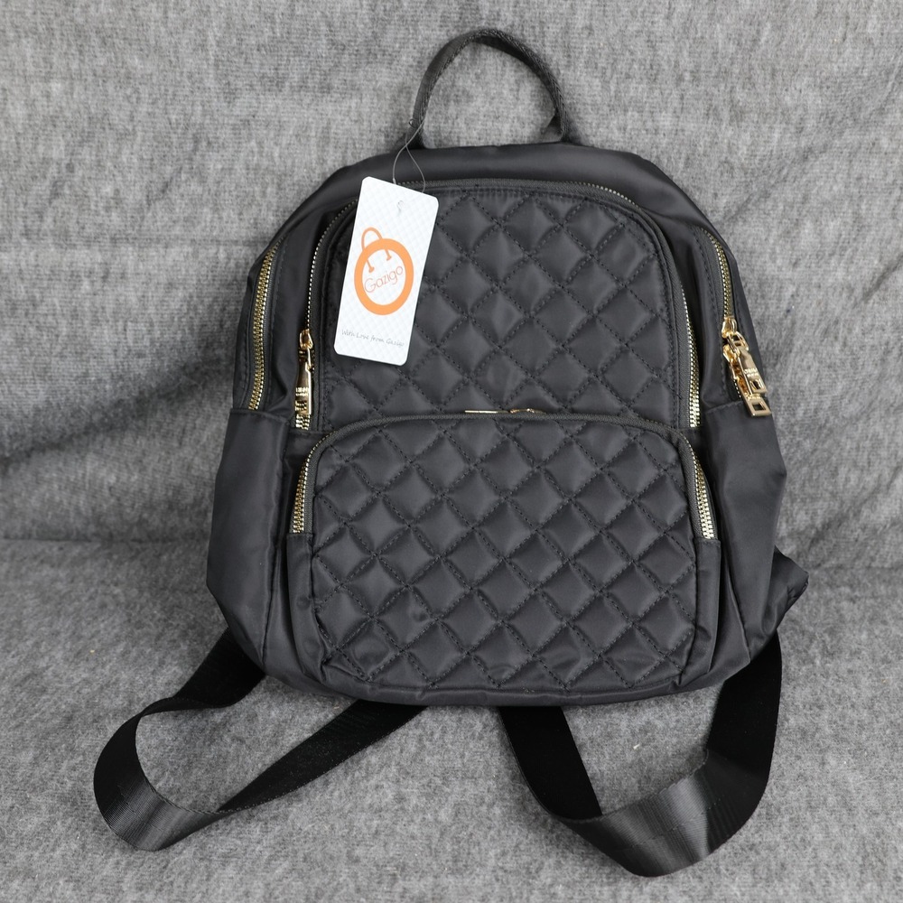 Gazigo Backpack Womens Small Black Nylon Quilted Gold Zip Travel Casual Bag